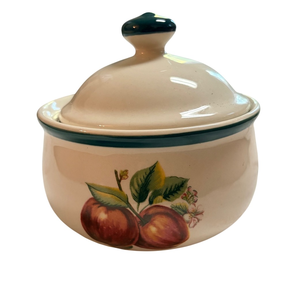 China Pearl Casuals Apple Fruit Sugar Bowl with Lid Stoneware Green Trim